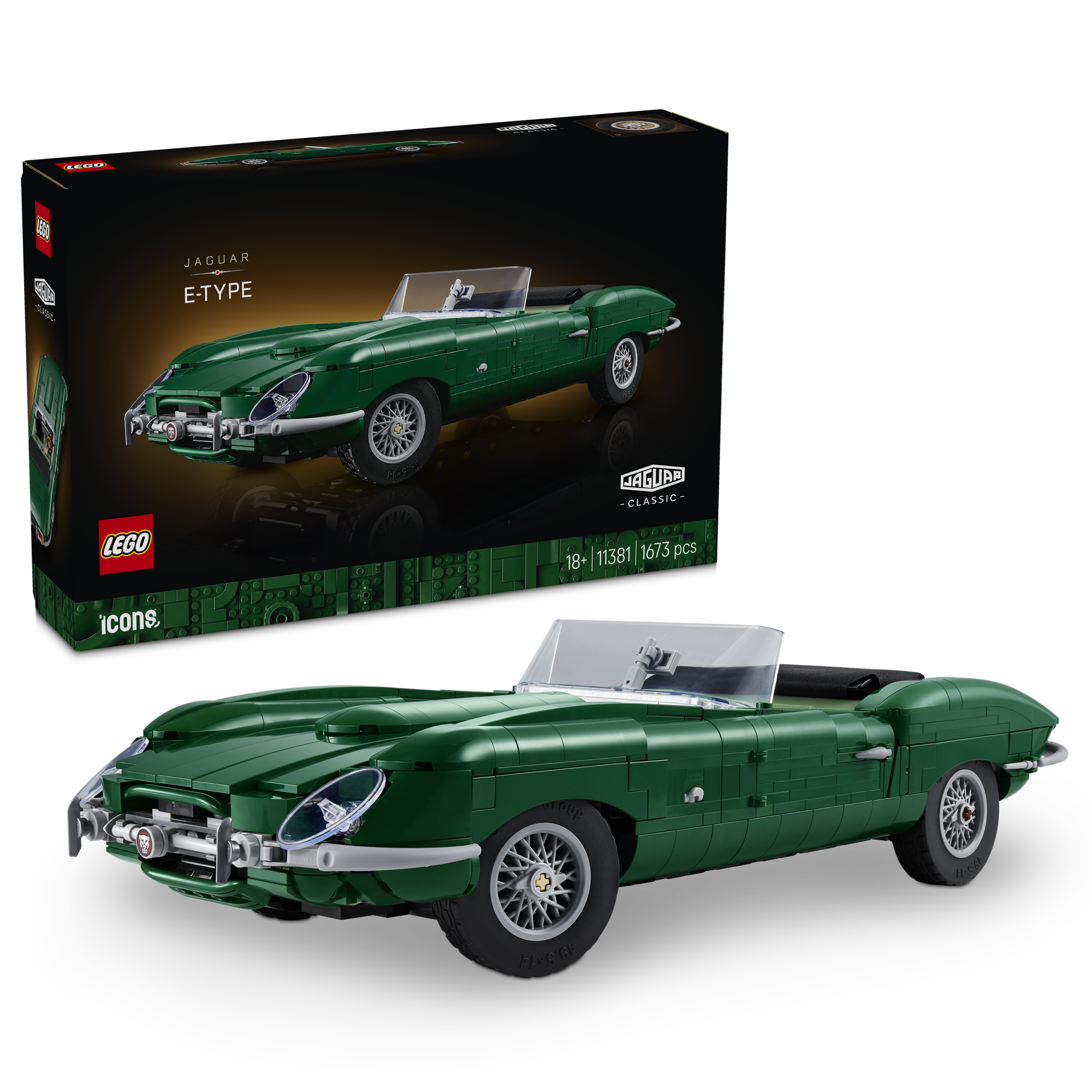 LEGO Jaguar E-Type 11381, krabice a postavený model roadsteru