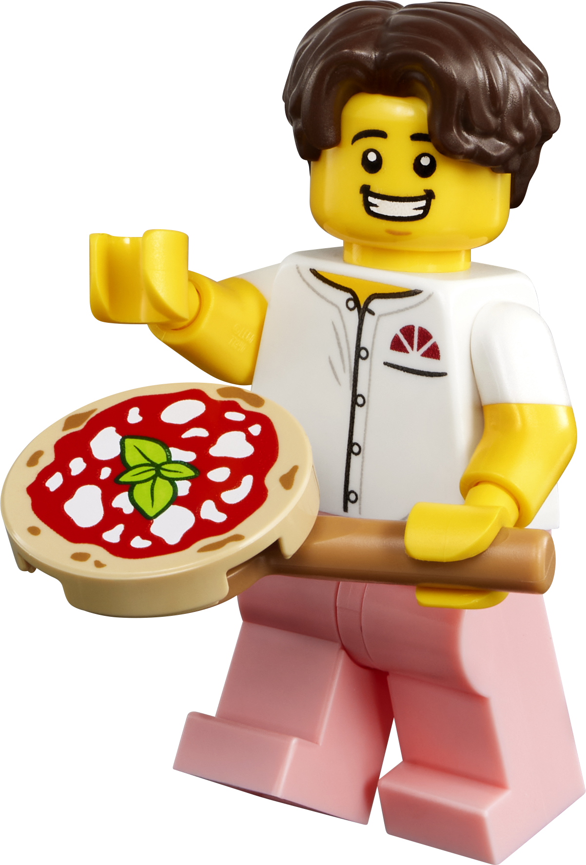 Minifigurka pizzaře z LEGO 40909 s pizzou Margherita na lopatě