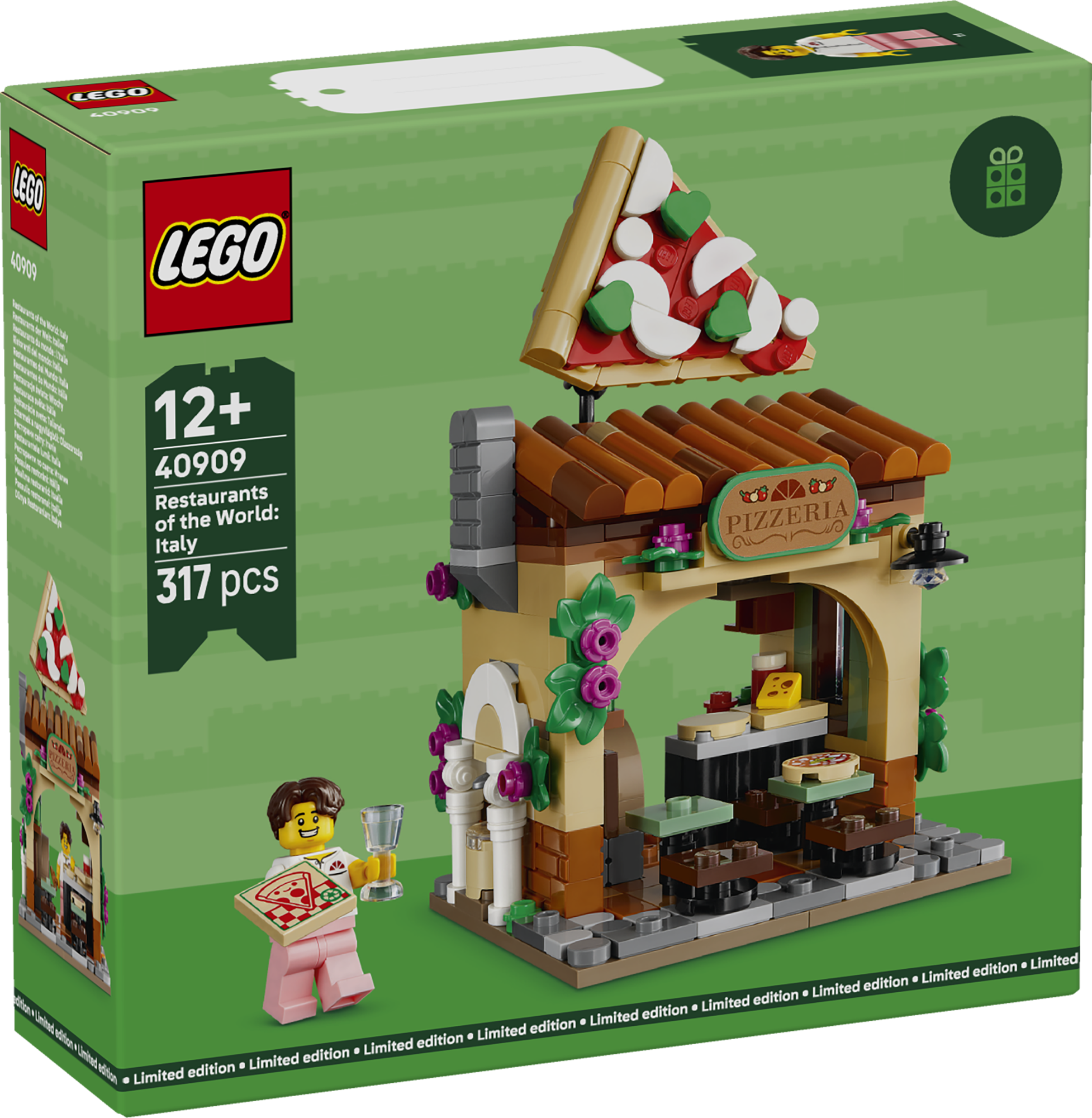 Krabice LEGO Restaurace světa: Itálie 40909 s pizzerií na obalu