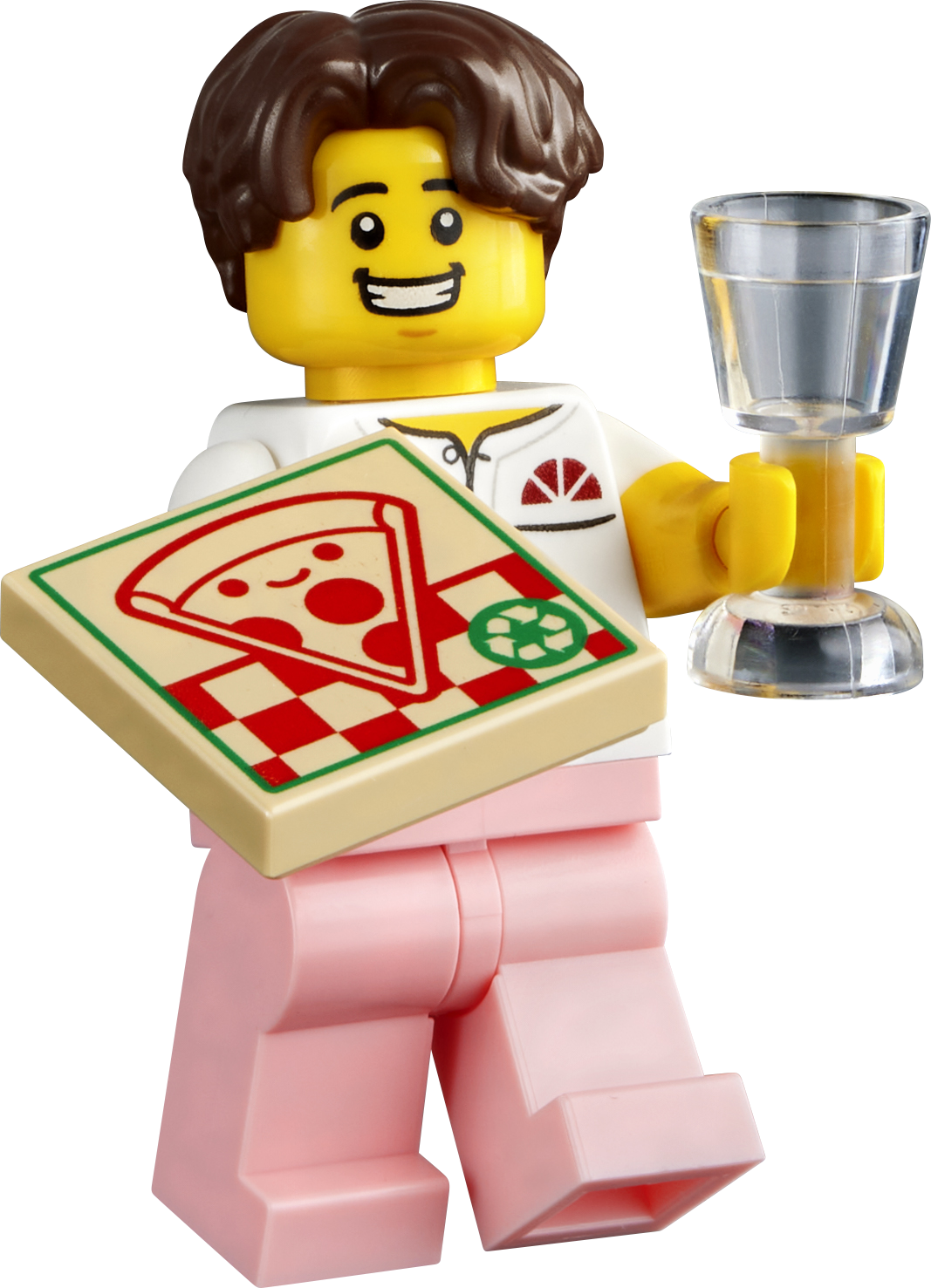 Pizzař z LEGO Restaurace světa: Itálie s krabicí od pizzy a skleničkou