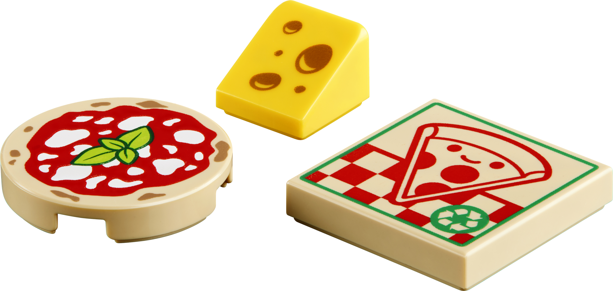 Potištěné dílky z LEGO 40909: pizza Margherita, krabice od pizzy a sýr