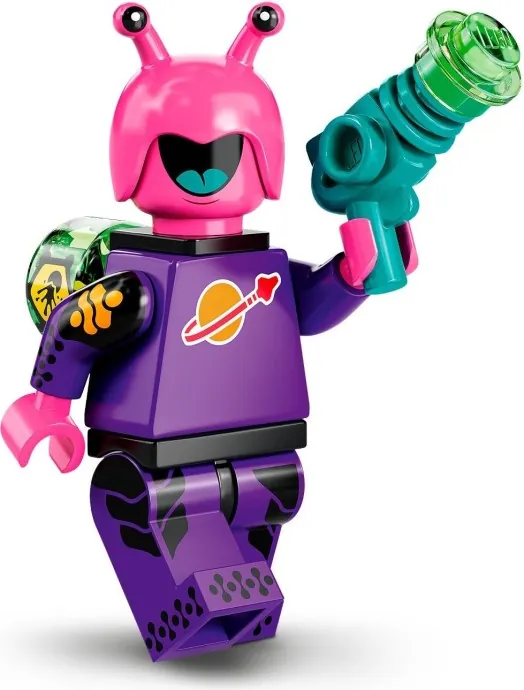 Minifigurka vesmírného mimozemšťana z 22. série LEGO s fialovým trupem s logem Classic Space