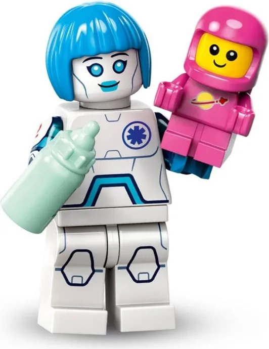 LEGO androidí zdravotní sestra s růžovým vesmírným miminkem
