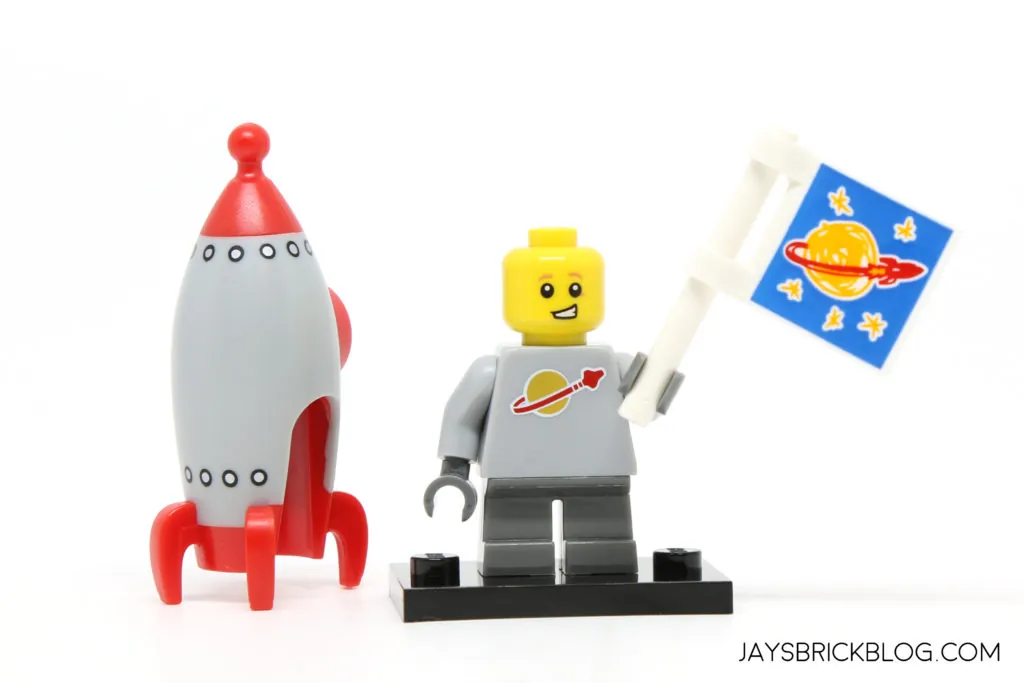 Minifigurka Rocket Boy ze 17. série LEGO minifigurek se šedým trupem s logem Classic Space